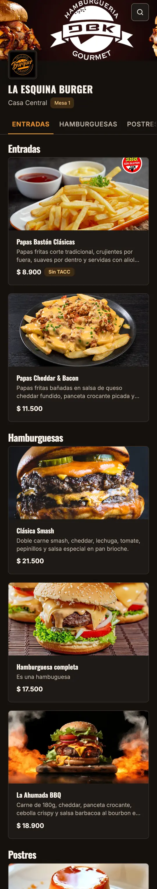 Carta de La Esquina Burger con el diseño Brasas: fondo oscuro, acentos ámbar y fotos grandes