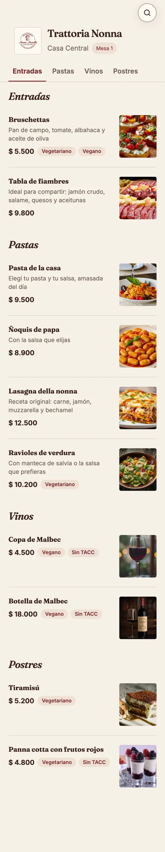 Carta de Trattoria Nonna con el diseño Linterna: crema y bordó, títulos con serifa en cursiva