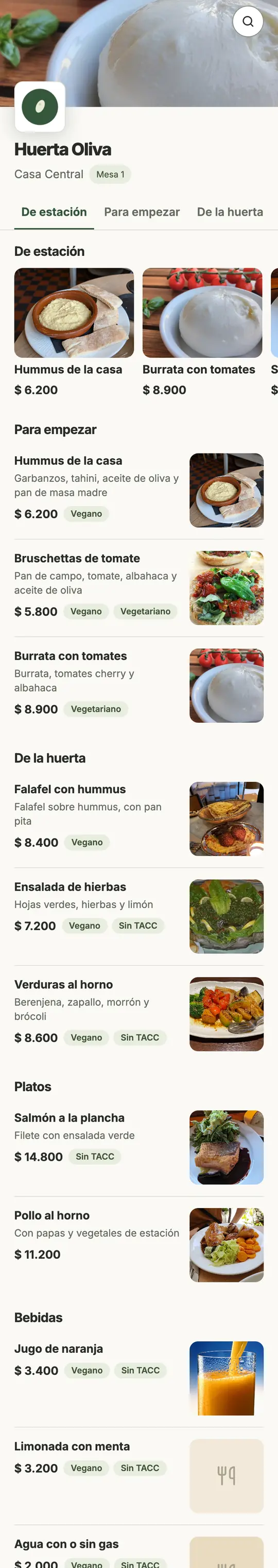 Carta de Huerta Oliva con el diseño Oliva: fondo claro, verde salvia y platos destacados