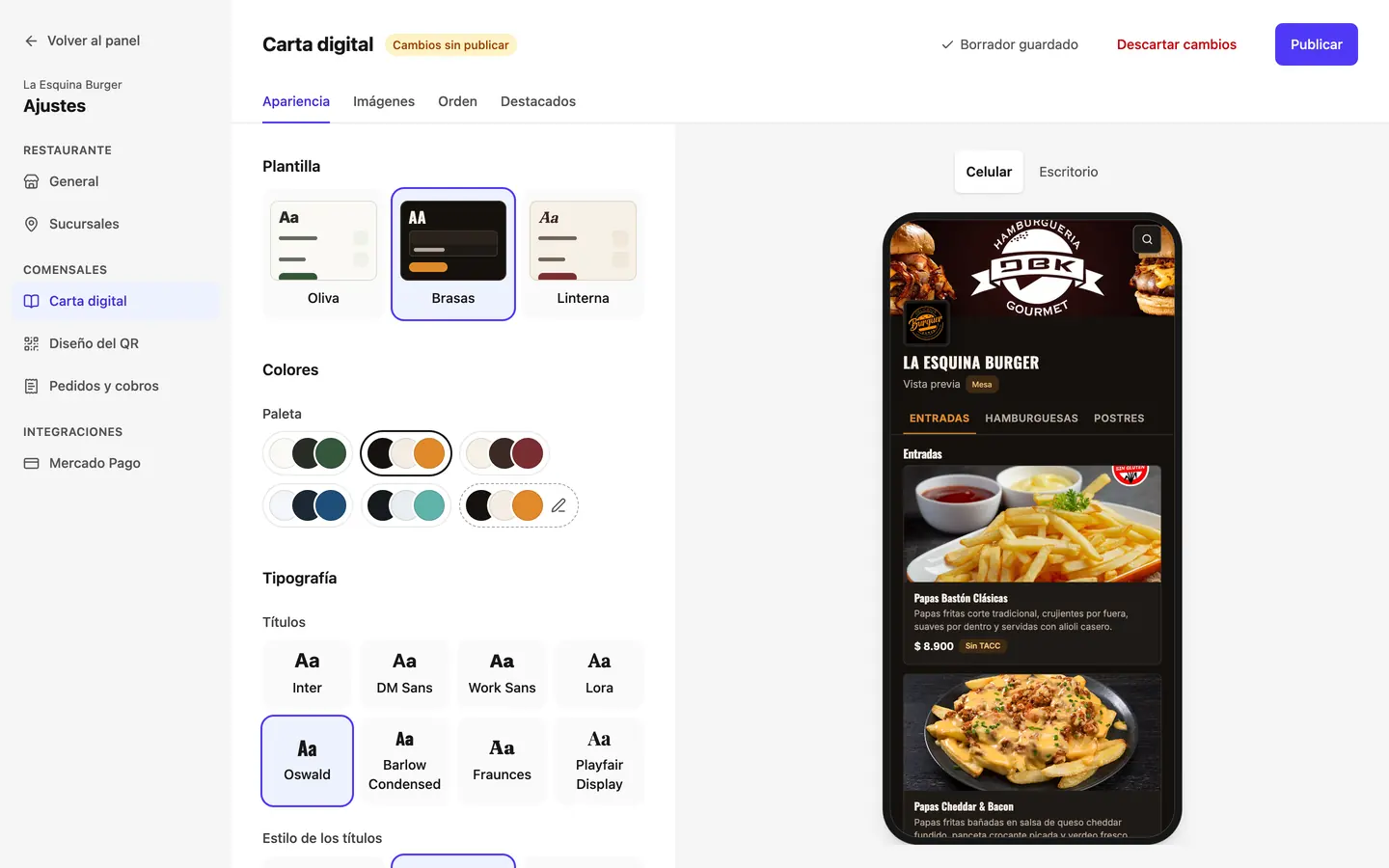 Editor de la carta digital: plantillas, paletas de colores y tipografías, con la vista previa en un celular