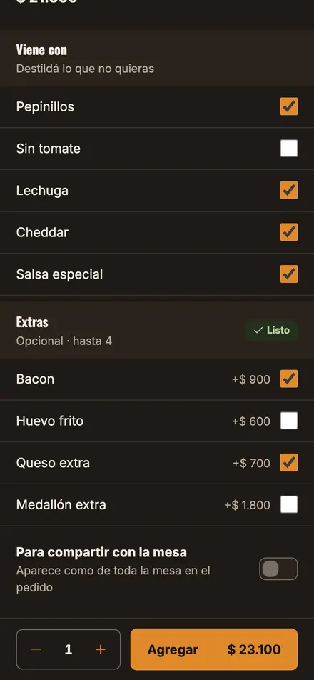 Pantalla de un plato en el celular: ingredientes para quitar, extras con precio y el botón Agregar