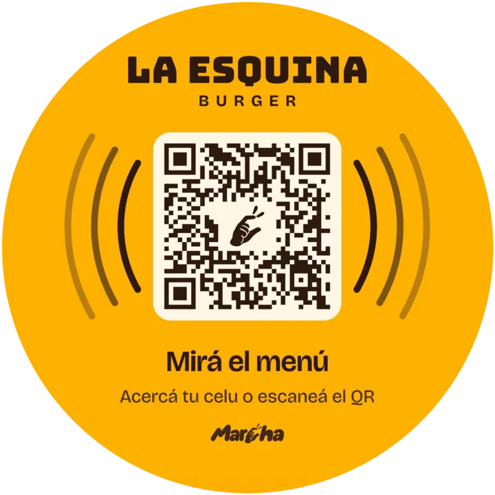 Sticker circular de La Esquina Burger con código QR, ondas de NFC y la leyenda «Mirá el menú. Acercá tu celu o escaneá el QR»